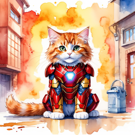 watercolor painting of domestic longhair cat as iron man, featuring a vibrant and detailed iron man costume in an artistic style.