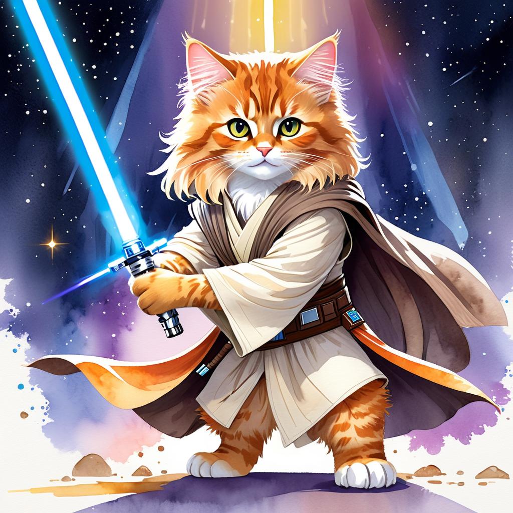 watercolor painting of domestic longhair cat as a jedi knight, holding a lightsaber with a star wars backdrop in a vibrant, detailed style.