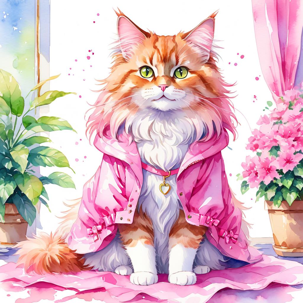 watercolor illustration of domestic longhair cat in pink clothing, set in a beautiful pink scene, looking happy and vibrant.