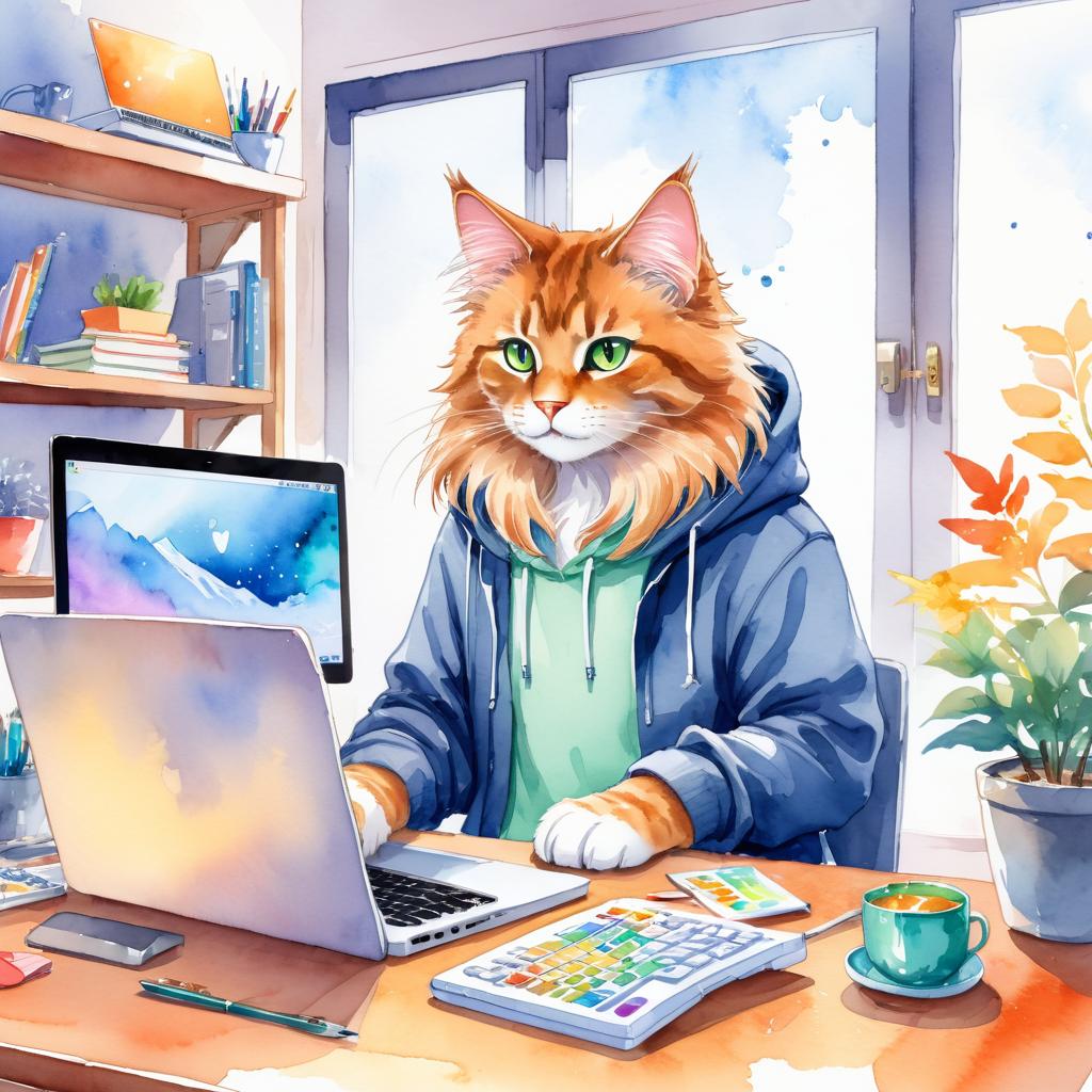 watercolor illustration of domestic longhair cat as a programmer, working on a laptop in a hoodie, capturing a cute and vibrant scene.