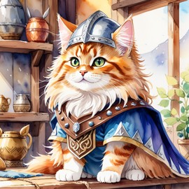 watercolor painting of domestic longhair cat as a viking, wearing traditional armor and helmet, in a vibrant viking environment.