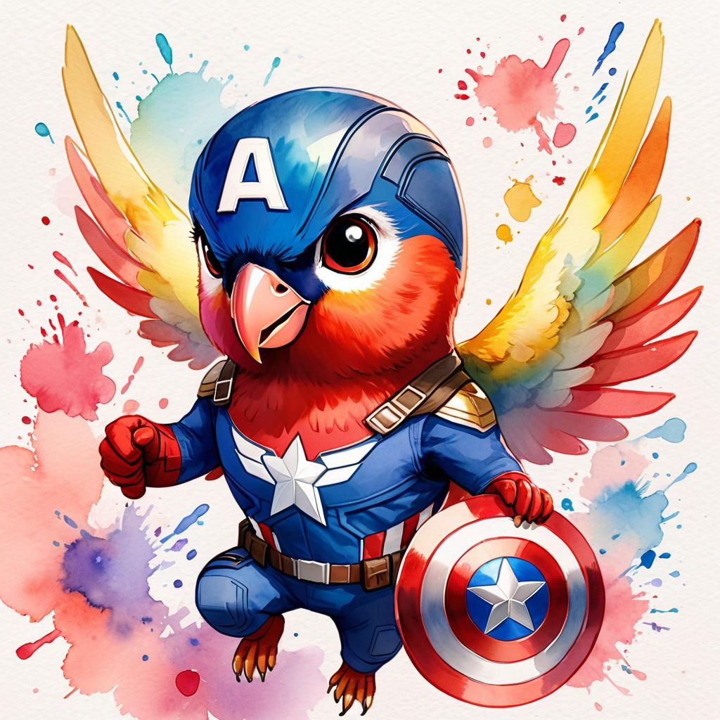 watercolor painting of lovebird bird as captain america from avengers, vibrant and detailed.