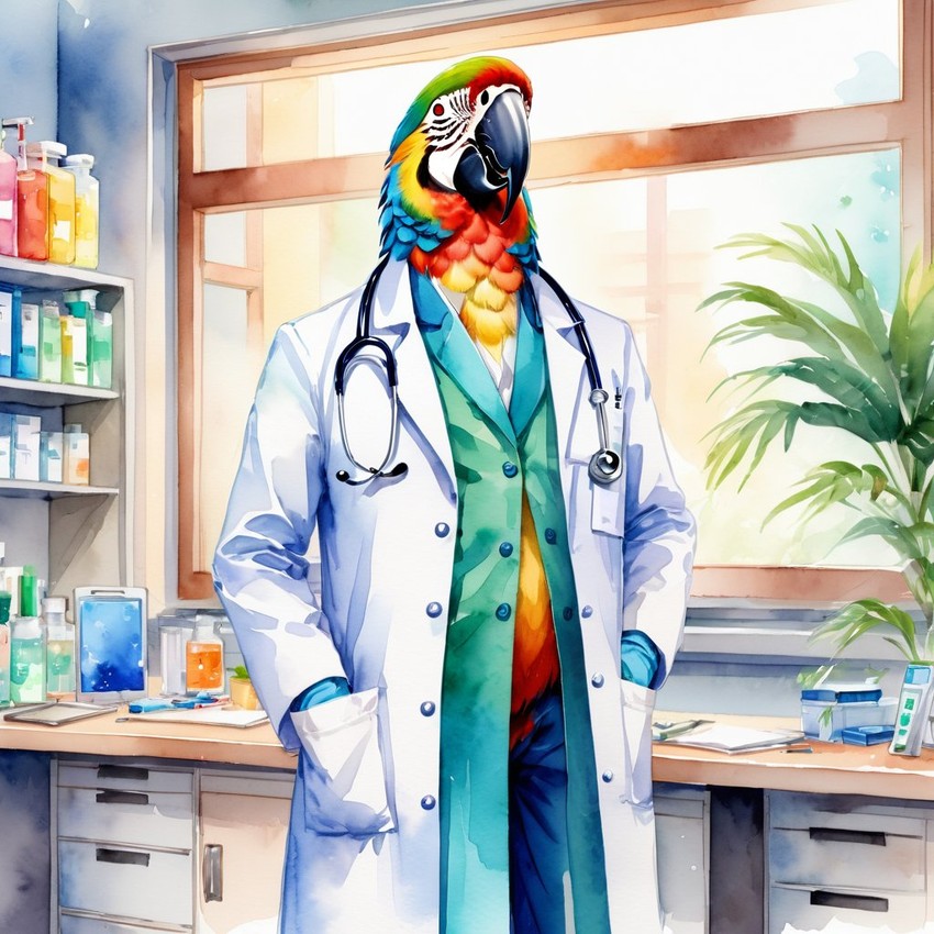 watercolor painting of macaw bird as a doctor in a hospital, vibrant and highly detailed, in a studio anime style.