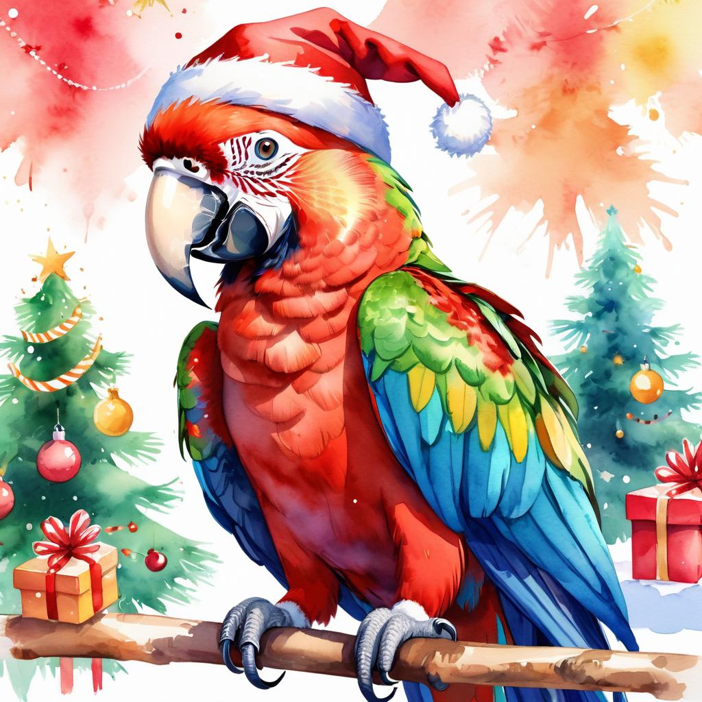 watercolor painting of macaw bird in a christmas sweater and santa hat, festive and vibrant.