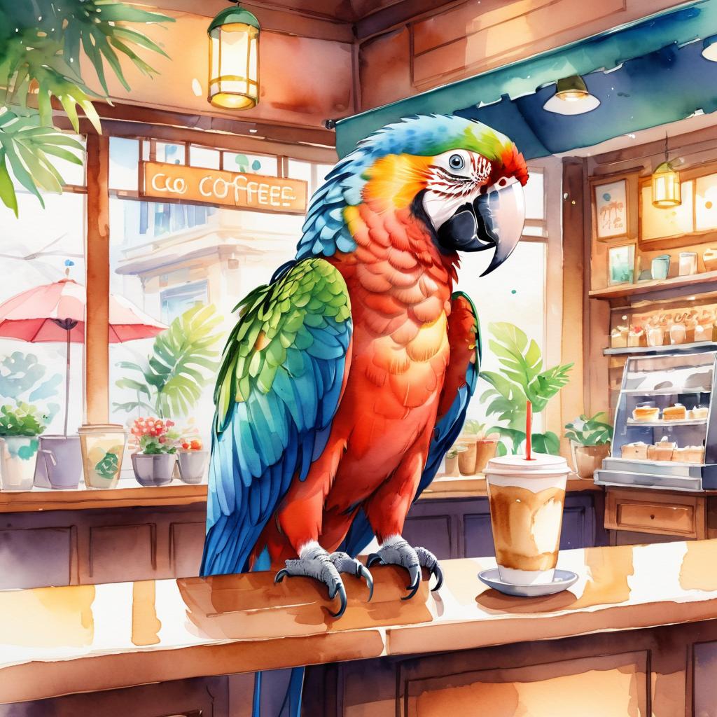 watercolor painting of macaw bird sitting in a cozy coffee shop, vibrant and detailed.