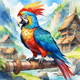 watercolor painting of macaw bird as a viking, wearing traditional armor and helmet, in a vibrant viking environment.