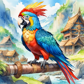 watercolor painting of macaw bird as a viking, wearing traditional armor and helmet, in a vibrant viking environment.