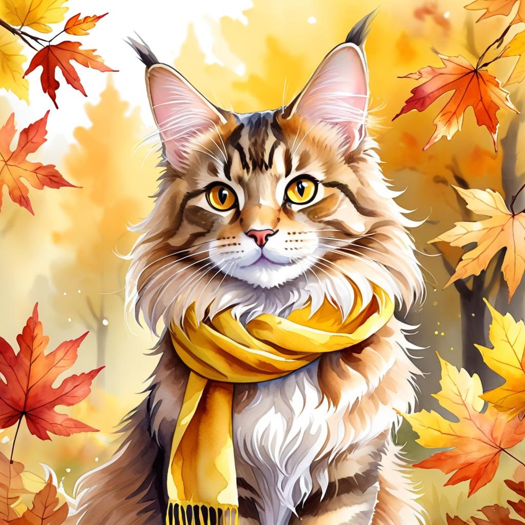 watercolor painting of maine coon cat in autumn, wearing a yellow scarf, vibrant and detailed.