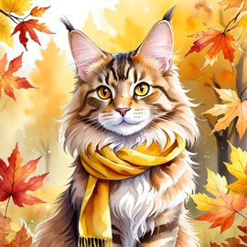 watercolor painting of maine coon cat in autumn, wearing a yellow scarf, vibrant and detailed.