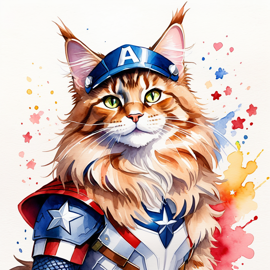 watercolor painting of maine coon cat as captain america from avengers, vibrant and detailed.