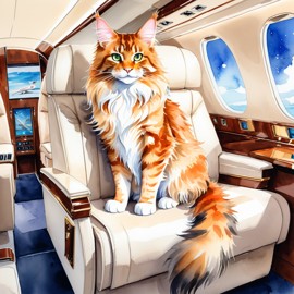 watercolor illustration of maine coon cat in a gulfstream private jet, dressed in elegant clothing, capturing a posh and vibrant scene.