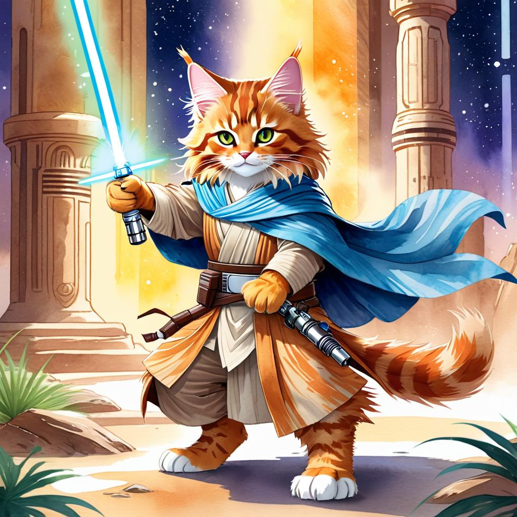 watercolor painting of maine coon cat as a jedi knight, holding a lightsaber with a star wars backdrop in a vibrant, detailed style.