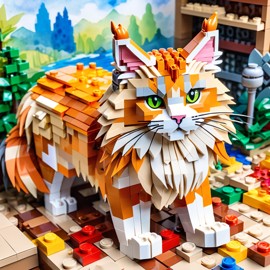 watercolor painting of maine coon cat as lego bricks, vibrant and detailed in a playful lego environment.