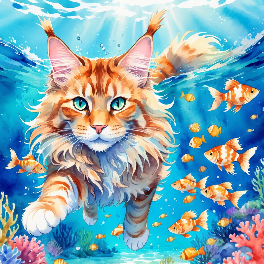 watercolor painting of maine coon cat swimming in a beautiful blue ocean with colorful fish and coral reef, capturing a happy and vibrant underwater scene.