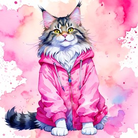 watercolor illustration of maine coon cat in pink clothing, set in a beautiful pink scene, looking happy and vibrant.