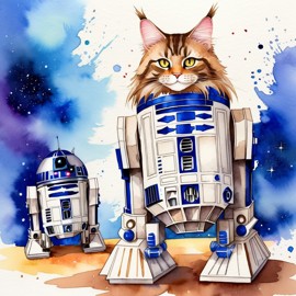 watercolor painting of maine coon cat as r2d2 from star wars, dressed as r2d2 in a vibrant star wars scene.