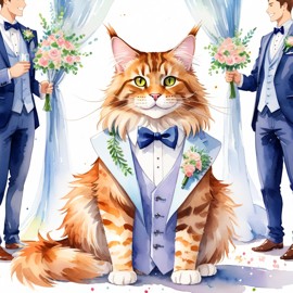 watercolor painting of maine coon cat at a wedding in a beautiful wedding suit, looking cute and happy in a vibrant, detailed style.