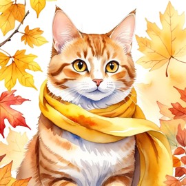 watercolor painting of manx cat in autumn, wearing a yellow scarf, vibrant and detailed.