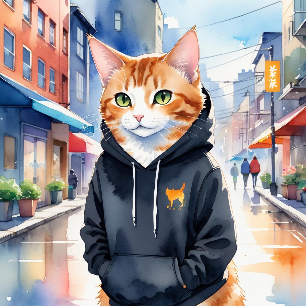 watercolor painting of manx cat in a black hoodie, showcasing a vibrant urban environment with a cute and happy appearance.