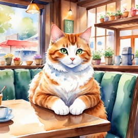 watercolor painting of manx cat sitting in a cozy coffee shop, vibrant and detailed.