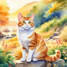 watercolor painting of manx cat in golden hour light, showcasing vibrant colors and a happy nature scene in a highly detailed illustration.