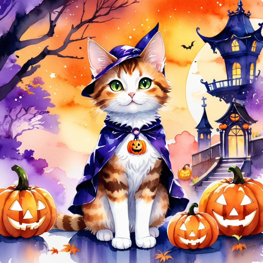 watercolor illustration of manx cat in a halloween costume with a vibrant and festive atmosphere surrounded by pumpkins.