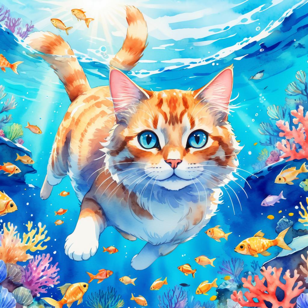 watercolor painting of manx cat swimming in a beautiful blue ocean with colorful fish and coral reef, capturing a happy and vibrant underwater scene.