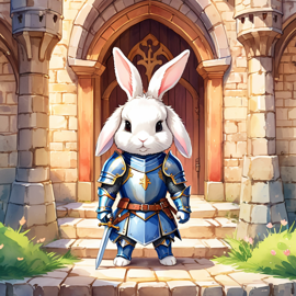 watercolor painting of mini lop rabbit as a medieval knight in a vibrant, detailed castle scene.