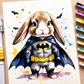 watercolor painting of mini lop rabbit as batman, wearing batman suit and mask, vibrant and detailed.