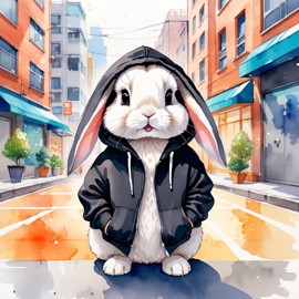 watercolor painting of mini lop rabbit in a black hoodie, showcasing a vibrant urban environment with a cute and happy appearance.