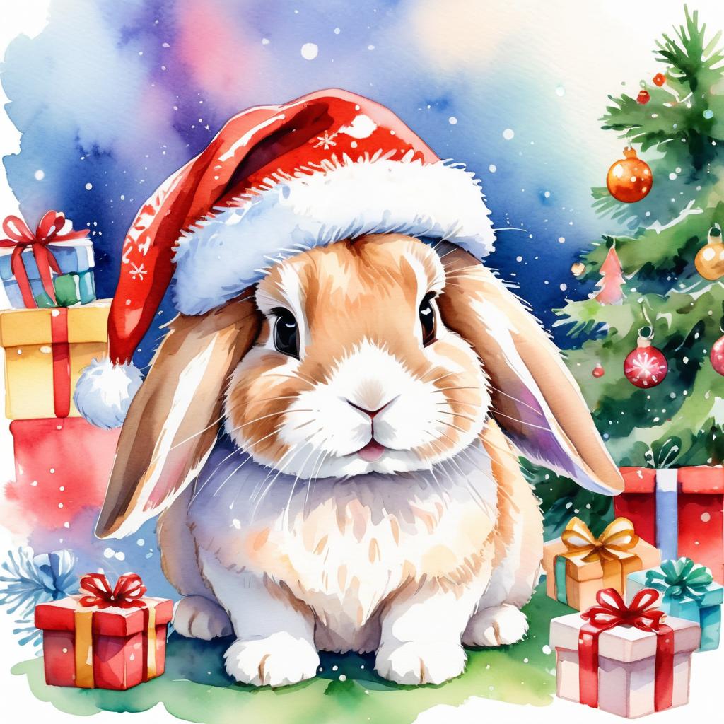 watercolor painting of mini lop rabbit in a christmas sweater and santa hat, festive and vibrant.