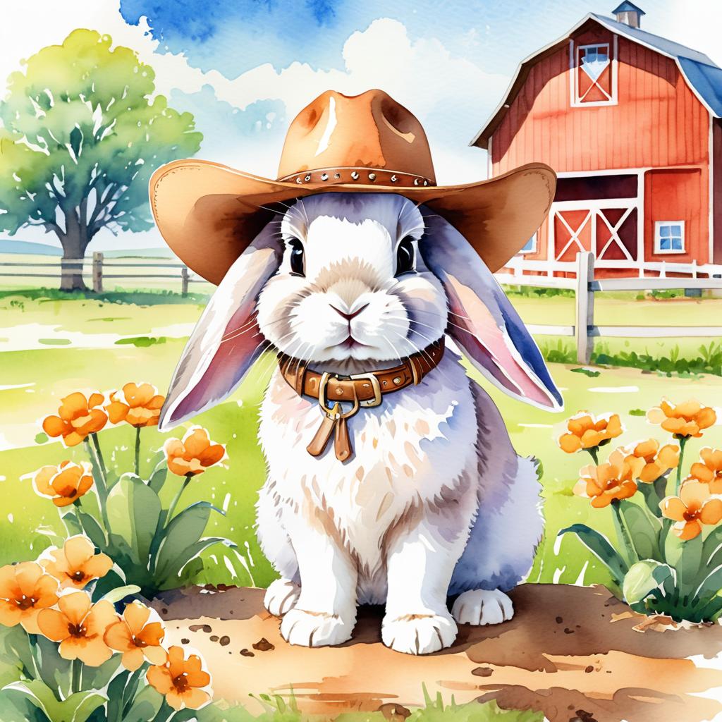 watercolor painting of mini lop rabbit as a cowboy wearing a hat, in the midwest countryside, on a farm.