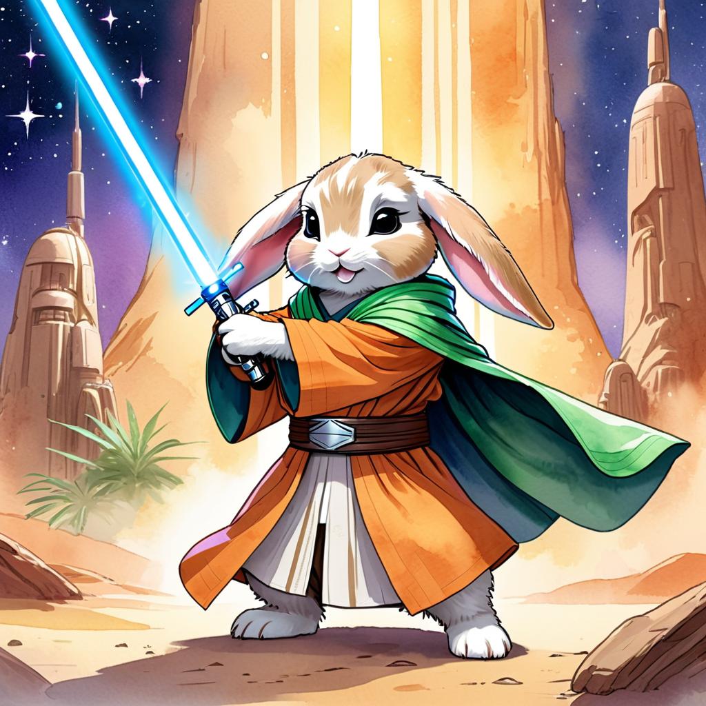 watercolor painting of mini lop rabbit as a jedi knight, holding a lightsaber with a star wars backdrop in a vibrant, detailed style.