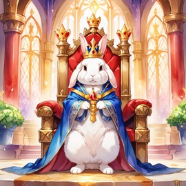 watercolor painting of mini lop rabbit as a king in a magical castle, wearing a crown and robe, seated on a throne.