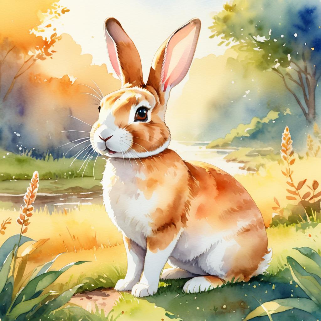 watercolor painting of mini rex rabbit in golden hour light, showcasing vibrant colors and a happy nature scene in a highly detailed illustration.