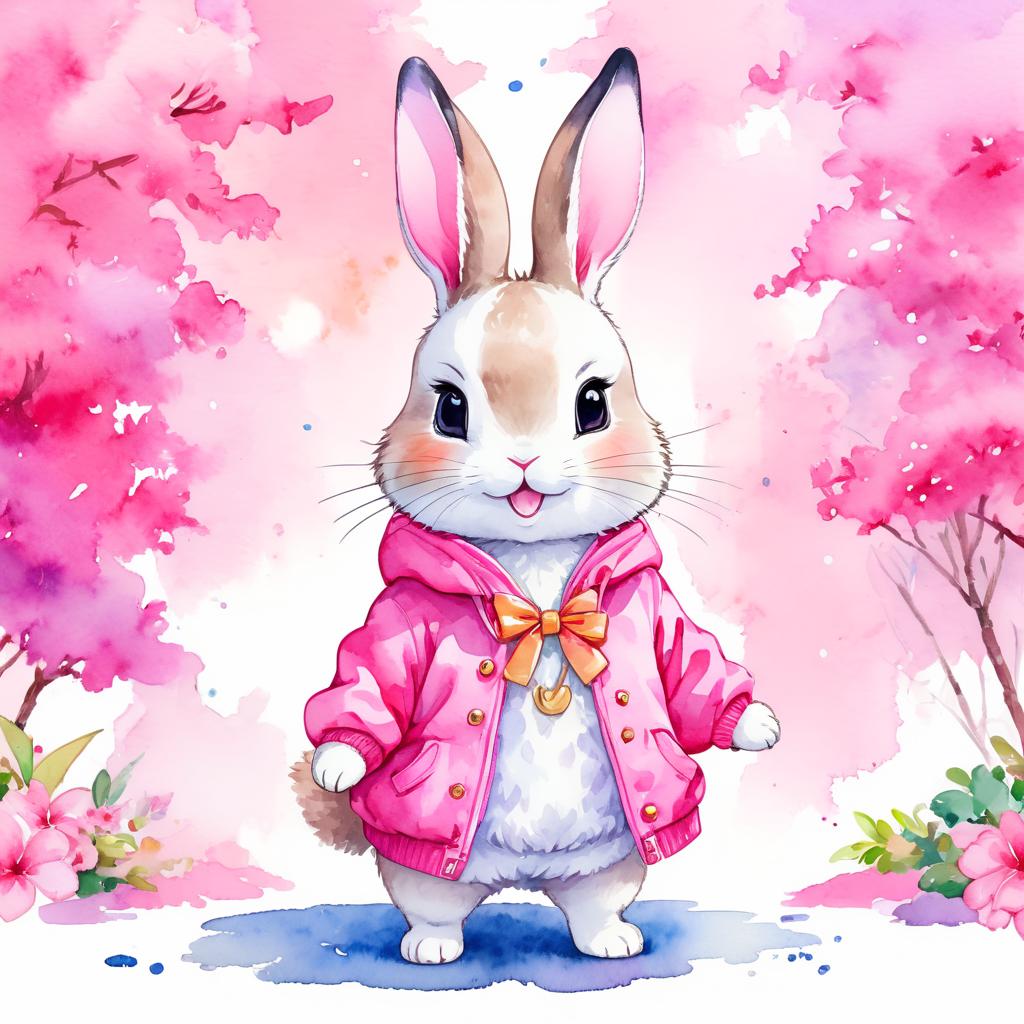 watercolor illustration of mini rex rabbit in pink clothing, set in a beautiful pink scene, looking happy and vibrant.