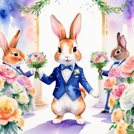 watercolor painting of mini rex rabbit at a wedding in a beautiful wedding suit, looking cute and happy in a vibrant, detailed style.