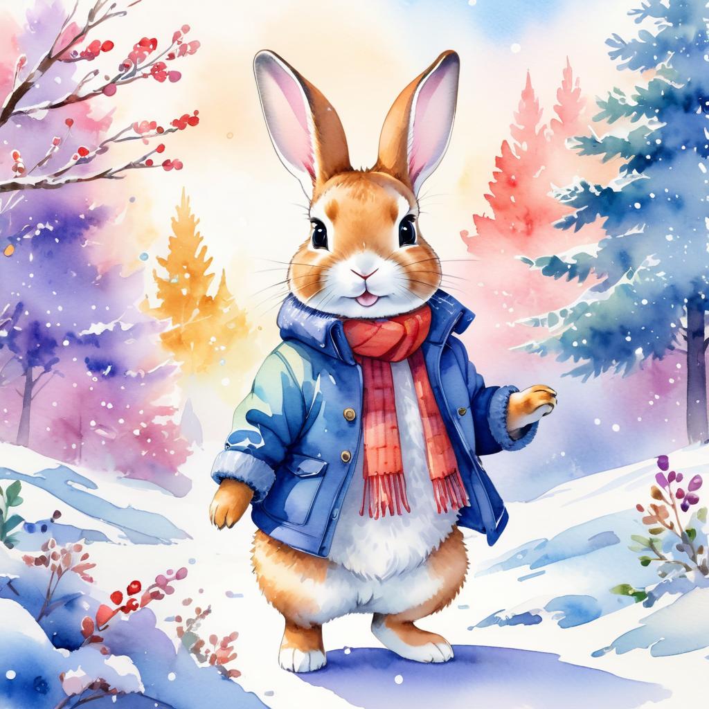 watercolor painting of mini rex rabbit in a beautiful winter scene, wearing stylish winter clothing, looking cute and happy.