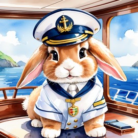 watercolor painting of mini lop rabbit as a captain on a luxury yacht, wearing captain uniform, vibrant and detailed.