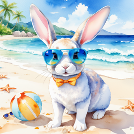 watercolor painting of mini rex rabbit on a beach with white sand and blue sea, wearing sunglasses.