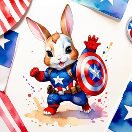 watercolor painting of mini rex rabbit as captain america from avengers, vibrant and detailed.