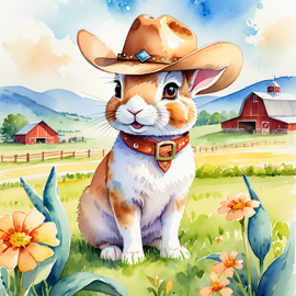 watercolor painting of mini rex rabbit as a cowboy wearing a hat, in the midwest countryside, on a farm.