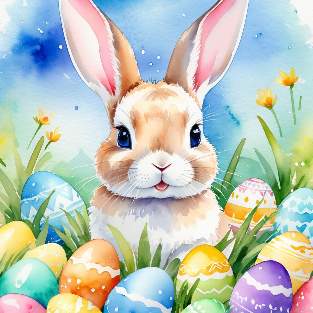 watercolor painting of mini rex rabbit in a vibrant easter scene with colorful eggs, highly detailed and joyful.