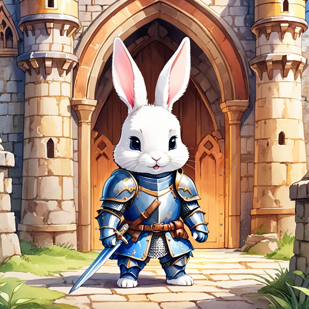 watercolor painting of mini rex rabbit as a medieval knight in a vibrant, detailed castle scene.