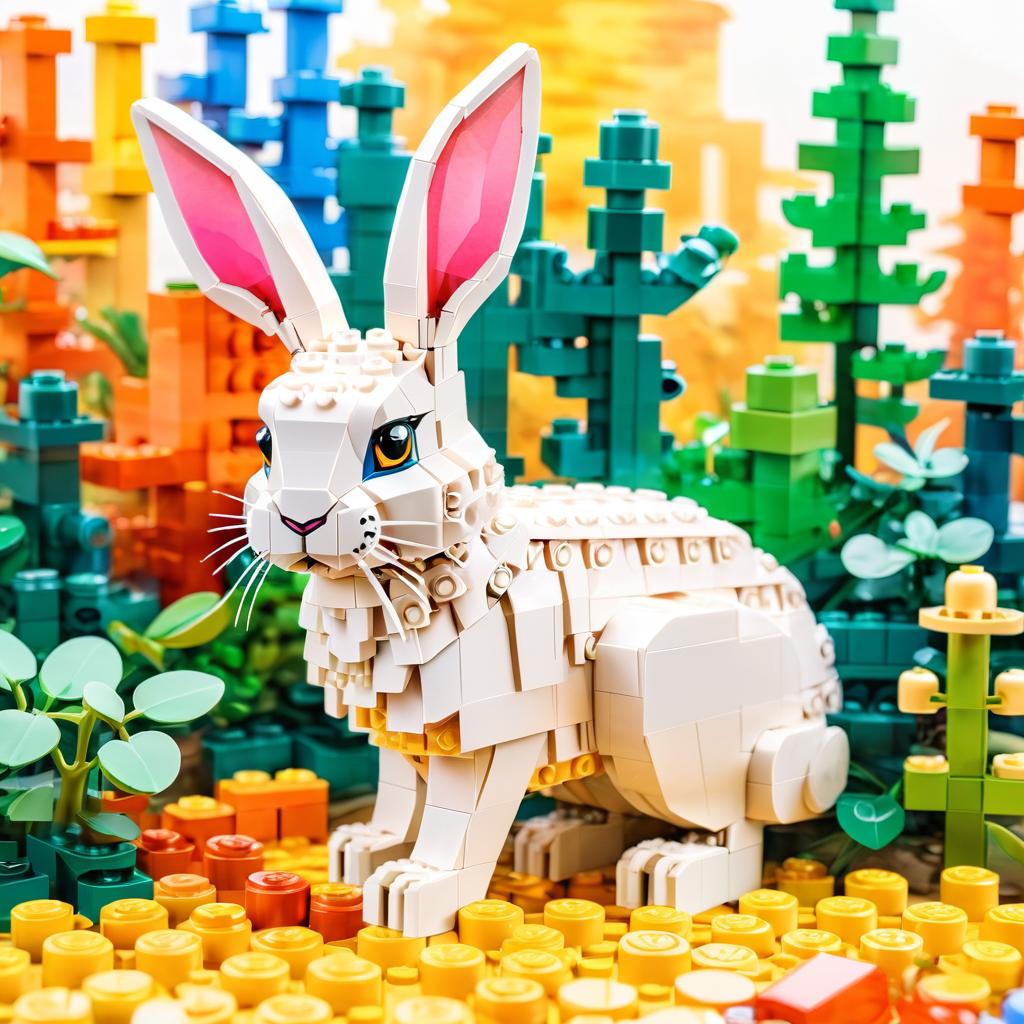 watercolor painting of mini rex rabbit as lego bricks, vibrant and detailed in a playful lego environment.