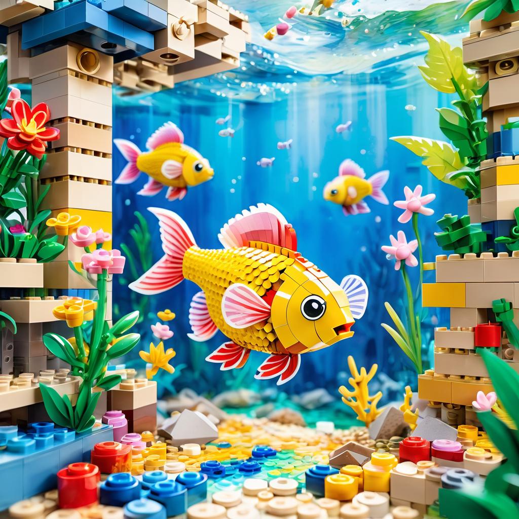 watercolor painting of molly fish as lego bricks, vibrant and detailed in a playful lego environment.