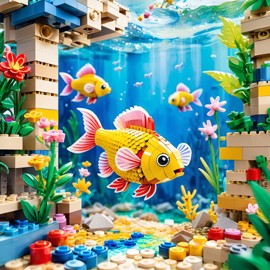 watercolor painting of molly fish as lego bricks, vibrant and detailed in a playful lego environment.