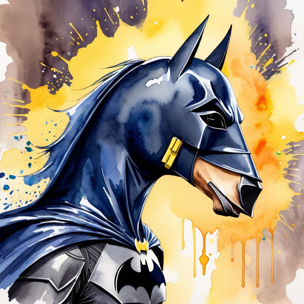 watercolor painting of morgan horse as batman, wearing batman suit and mask, vibrant and detailed.