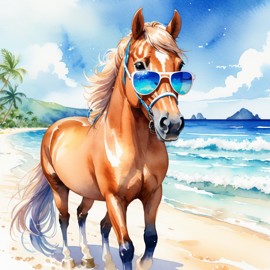 watercolor painting of morgan horse on a beach with white sand and blue sea, wearing sunglasses.