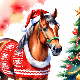 watercolor painting of morgan horse in a christmas sweater and santa hat, festive and vibrant.